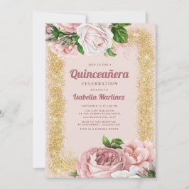 Elegant Rosa Blommigt Ro Guld Glitter Quinceañera Inbjudningar