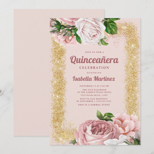 Elegant Rosa Blommigt Ro Guld Glitter Quinceañera Inbjudningar (Fram/baksida)