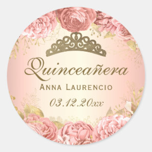 Elegant Rosa Blommigt Ro Quinceanera Runt Klistermärke