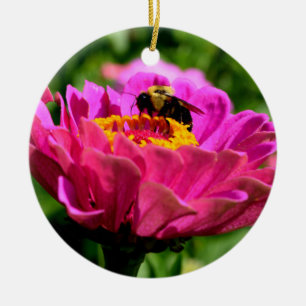 Elegant rosa blommigt rosa gulliga humlor julgransprydnad keramik