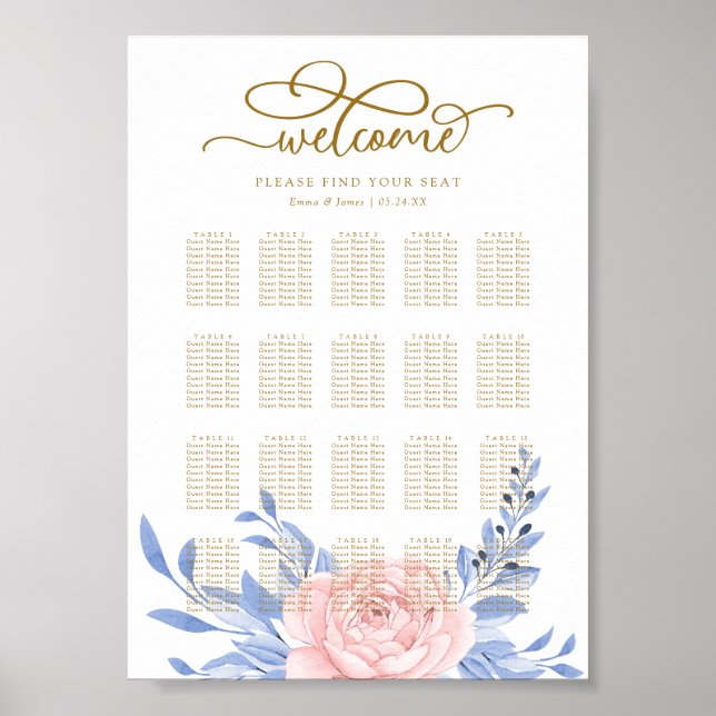 Elegant Rosa Blommigt Rustic Bröllop Sittdiagram Poster (Framsidan)