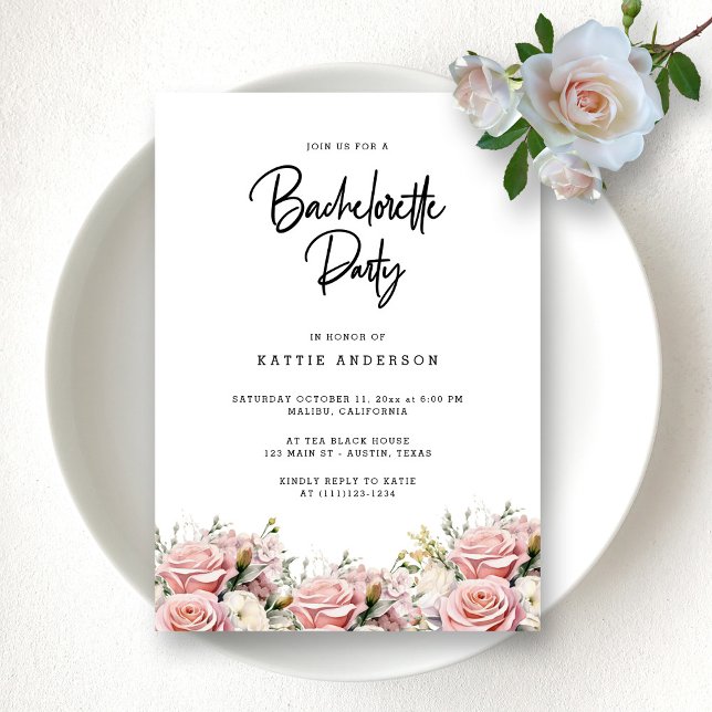 Elegant Rosa Blommigt Script Bachelorette Party Inbjudningar (Modern Rose Blooms Bachelorette Party Invitation)