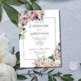 Elegant Rosa Blommigt Silver Gräns Quinceañera Inbjudningar