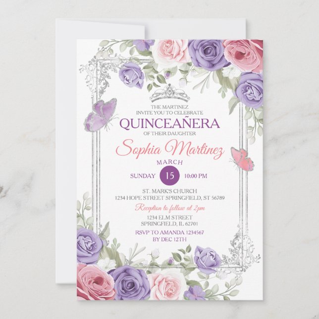 Elegant Rosa Blommigt Silver Lila Girl Girl Quince Inbjudningar (Framsida)
