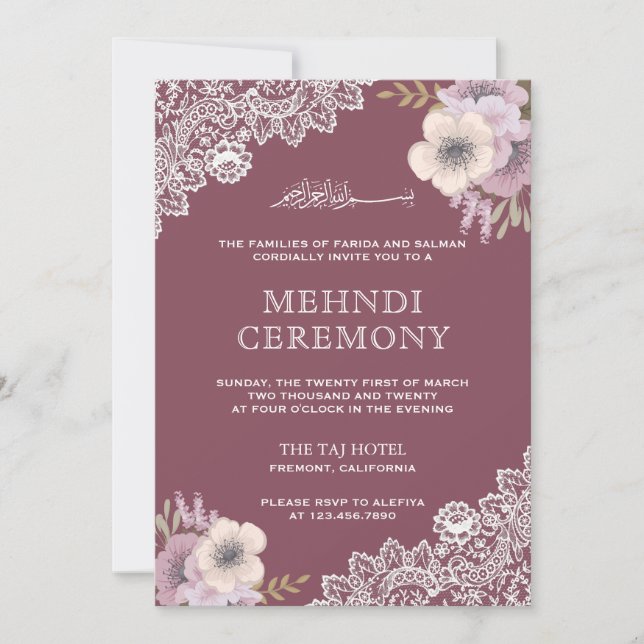 Elegant Rosa Blommigt Snöre Islamic Muslim Mehndi Inbjudningar (Framsida)
