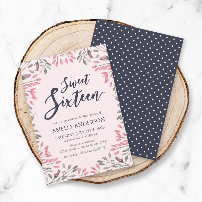 Elegant Rosa Blommigt Söt 16 Födelsedagsinbjudan Inbjudningar (Skapare uppladdad)