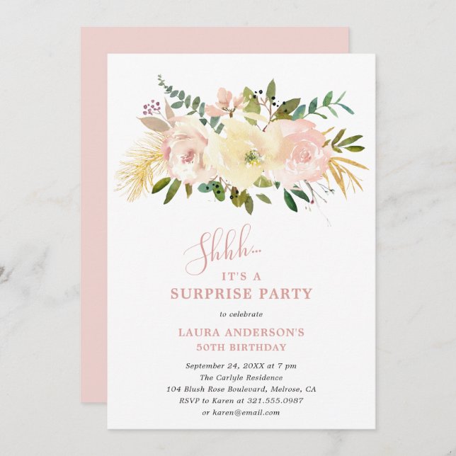 Elegant  Rosa Blommigt Suprise Födelsedagsfest Inbjudningar (Fram/baksida)