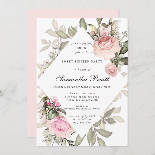 Elegant  Rosa Blommigt Sweet 16 Inbjudningar (Fram/baksida)
