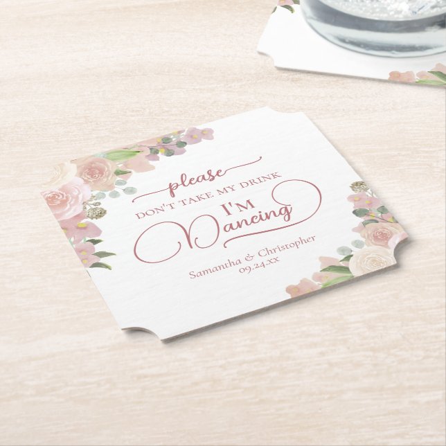 Elegant Rosa Blommigt Ta inte min dryck Bröllop Underlägg Papper (Vinklad)