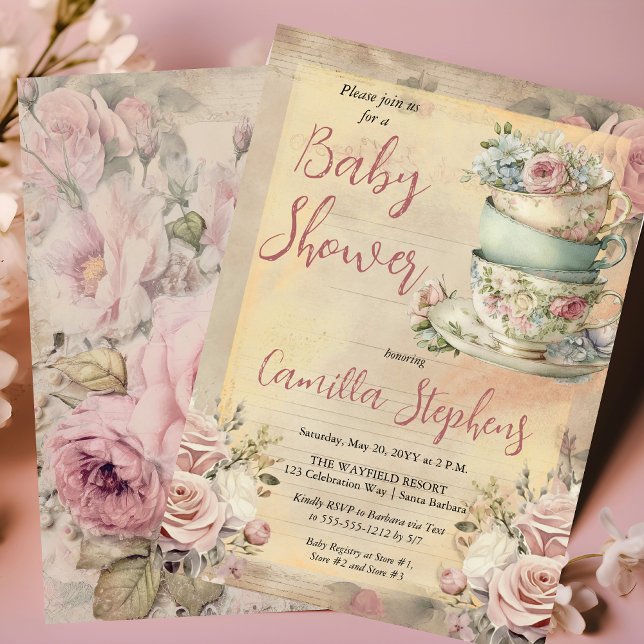 Elegant Rosa Blommigt Tea Kopp Baby Shower Tea Inbjudningar (Elegant Pink Floral Tea Cups Girl Baby Shower Tea Invitation)