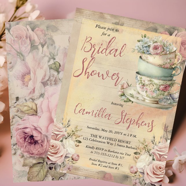 Elegant Rosa Blommigt Tea Kopp Möhippa Tea Inbjudningar (Elegant Pink Floral Tea Cups Vintage Look Bridal Shower Tea Invitation)