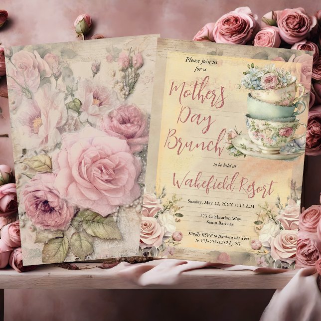 Elegant Rosa Blommigt Tea Kopp Mors dag Brunch Inbjudningar (Elegant Pink Floral Tea Cups Mother's Day Brunch Invitation)