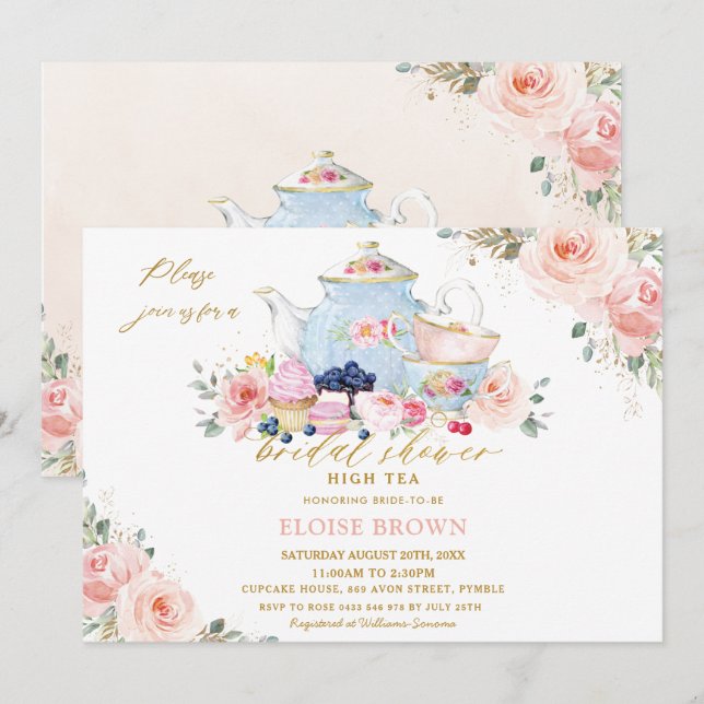 Elegant  Rosa Blommigt Tea Party Möhippa Inbjudningar (Fram/baksida)