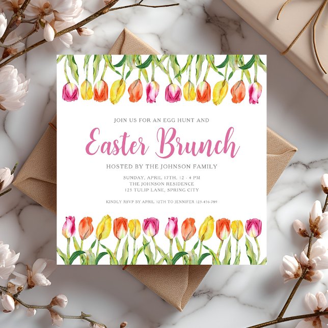 Elegant Rosa Blommigt Tulip Påsk Brunch Inbjudningar (Elegant Pink Floral Tulip Easter Brunch Invitation)