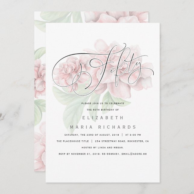 Elegant Rosa Blommigt Typografi 50 Födelsedagsfest Inbjudningar (Fram/baksida)
