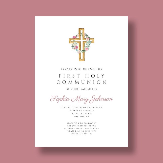 Elegant Rosa Blommigt Utandning Kor Första kommiss Inbjudningar (Elegant Pink Floral Wreath Cross First Communion Invitation)