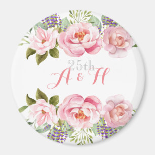 Elegant Rosa Blommigt Utandning Monogram 25 Bröllo Magnet