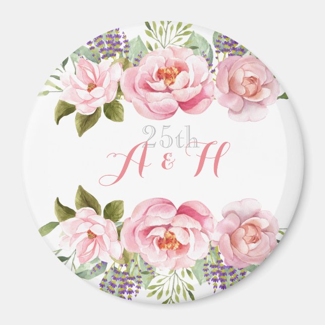 Elegant Rosa Blommigt Utandning Monogram 25 Bröllo Magnet (Framsidan)