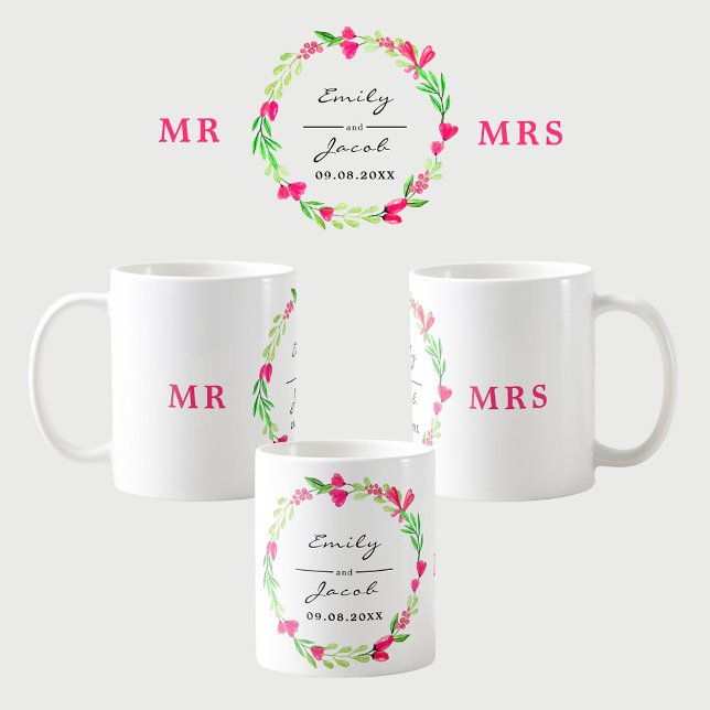 Elegant Rosa Blommigt Utandning MR MRS Bröllop Nam Kaffemugg (Elegant Pink Floral Wreath MR MRS Wedding Names Coffee Mug)