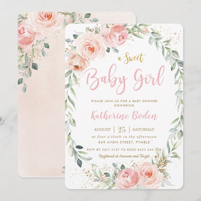 Elegant  Rosa Blommigt Utandningsflicka Babykläder Inbjudningar (Fram/baksida)