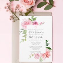 Elegant Rosa Blommigt Vattenfärg Bat mitzvah Party