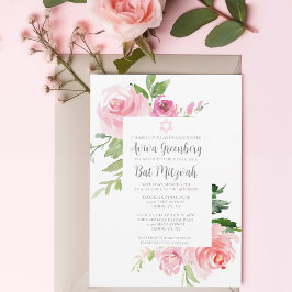Elegant Rosa Blommigt Vattenfärg Bat mitzvah Party Inbjudningar