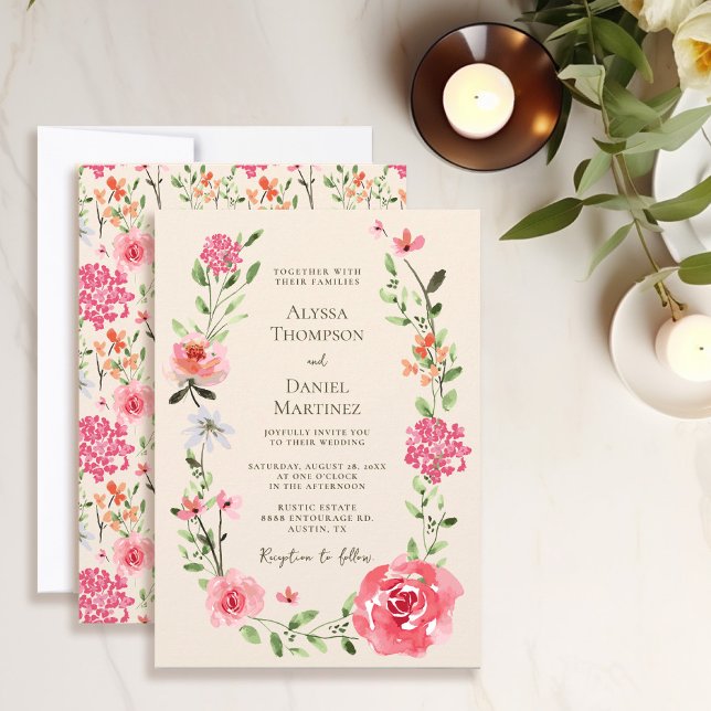 Elegant  Rosa blommigt Vattenfärg Bröllop Inbjudningar (Elegant Blush Pink and Cream modern floral wedding invitation.)