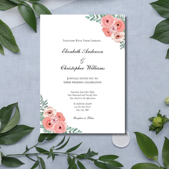 Elegant  Rosa Blommigt Vattenfärg Bröllop Inbjudningar (Blush Pink Floral Greenery Watercolor Wedding invitation. Printed or Instant digital download)