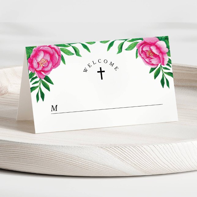 Elegant Rosa Blommigt Vattenfärg första kommune Placeringskort (Elegant Pink Floral Watercolor First Communion Place Card)