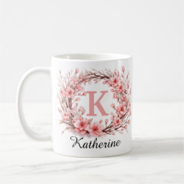Elegant Rosa Blommigt Vattenfärg Monogram Namn Kaffemugg