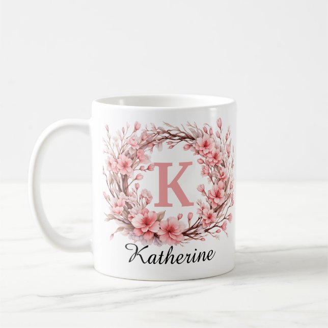 Elegant Rosa Blommigt Vattenfärg Monogram Namn Kaffemugg (Vänster)