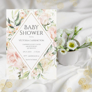Elegant Rosa Blommigt Vattenfärgen Guld Baby Inbjudningar