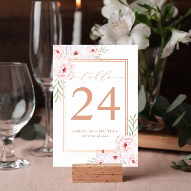 Elegant Rosa Blommigt Vattenfärgen Ro Guld Bröllop Bordsnummer (Elegant pink watercolor floral table number for your reception decor features rose gold frame.)