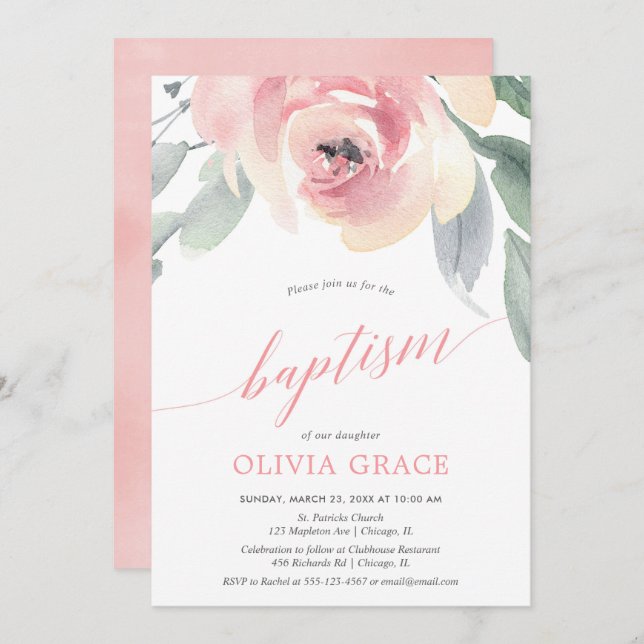 Elegant  rosa blommigt vattenfärgsflicka baptism i inbjudningar (Fram/baksida)