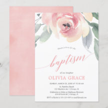 Elegant rosa blommigt vattenfärgsflicka baptism i