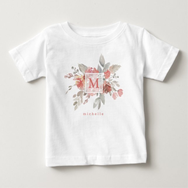Elegant  Rosa Blommigt Vattenfärgsmonogram T Shirt (Framsida)