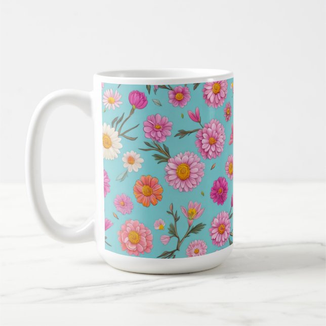 Elegant rosa blommigt vit daisy rosa blommor kaffemugg (Vänster)