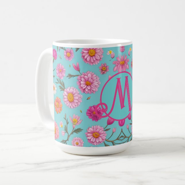 Elegant rosa blommigt vit daisy rosa blommor kaffemugg (Framsida vänster)