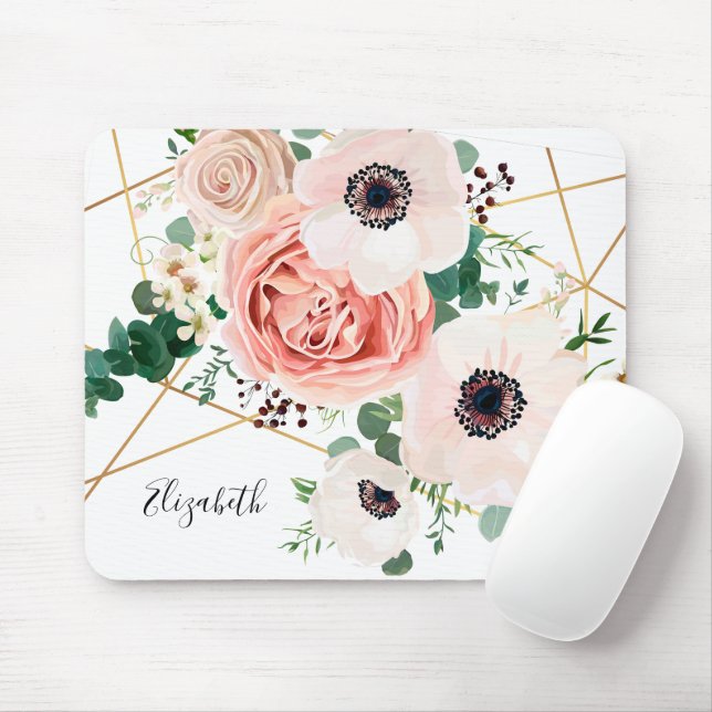 Elegant Rosa Blommigt Watercolor Flowers Botanical Musmatta (Med mus)