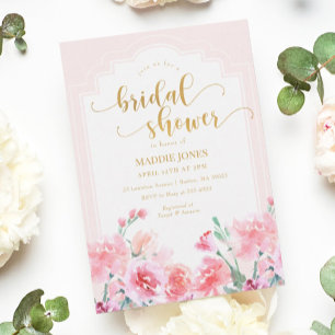 Elegant Rosa Blommigt Watercolor Guld Möhippa Inbjudningar