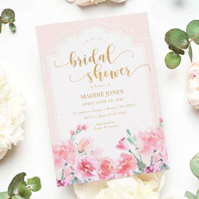 Elegant Rosa Blommigt Watercolor Guld Möhippa Inbjudningar (Skapare uppladdad)