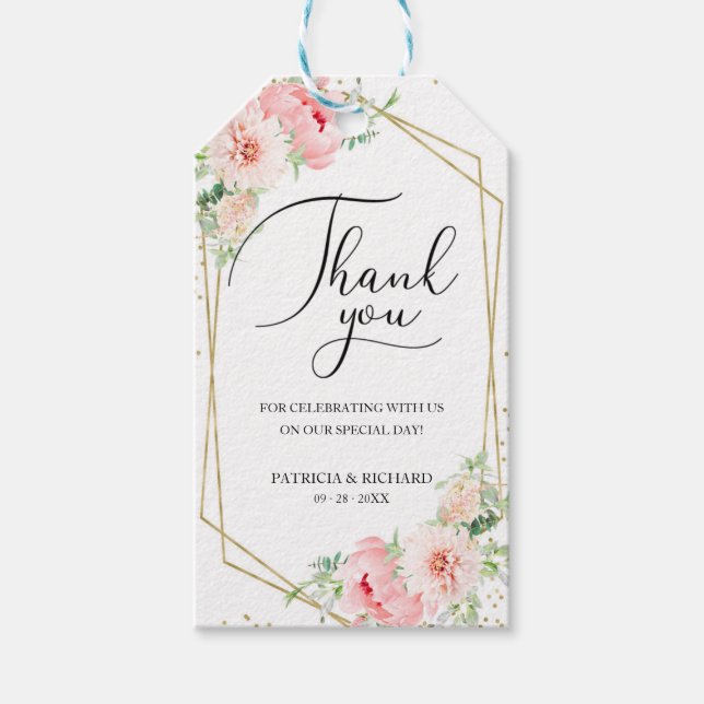 Elegant Rosa  Blommigten Bröllop Tack Presentetikett (Framsidan)