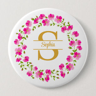 Elegant rosa blommonogram och namn Pinback Knapp