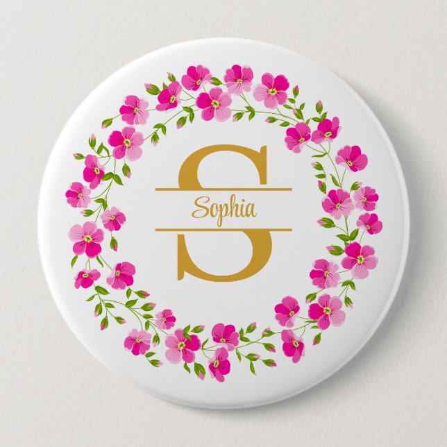 Elegant rosa blommonogram och namn Pinback Knapp (Framsida)