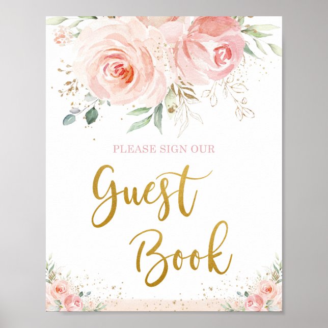 Elegant rosa blommönster med guldblad Gästbok Poster (Framsidan)