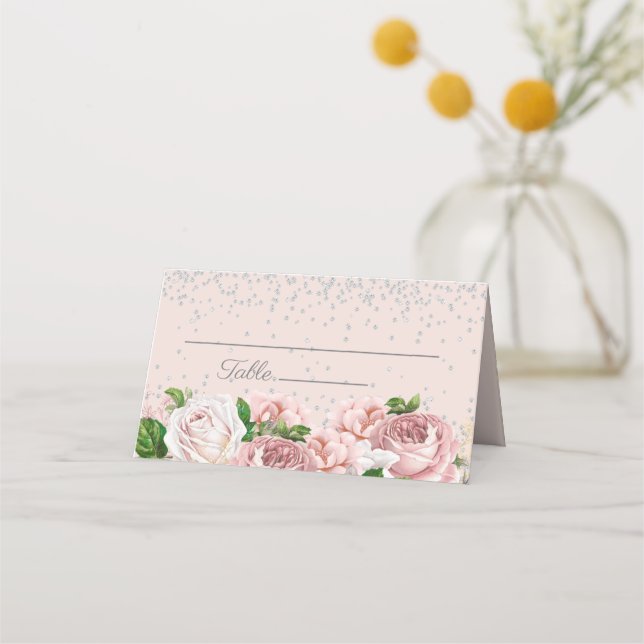 Elegant rosa blommönster silverglitter  placeringskort (Framsida)