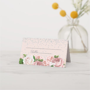 Elegant rosa blommönster silverglitter placeringskort