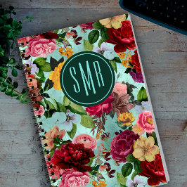 Elegant rosa blommor aqua mönster monogram anteckningsbok