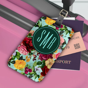 Elegant rosa blommor aqua mönster monogram bagagebricka