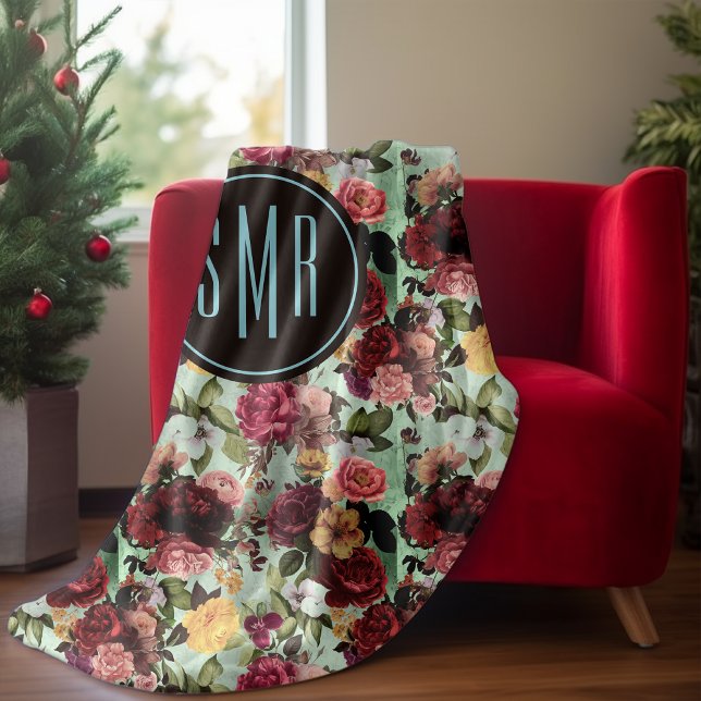 Elegant rosa blommor aqua mönster monogram fleecefilt (Skapare uppladdad)